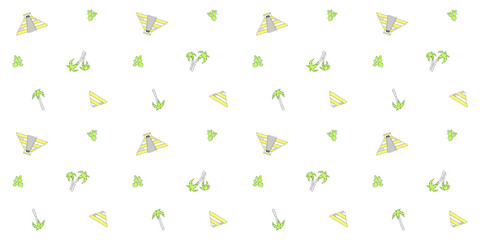 Simple drawings of Mayan pyramids, palm trees and cacti on a white background. Ancient Mexican endless texture. Architecture and plants of Mexico. Vector seamless pattern for surface texture, giftwrap