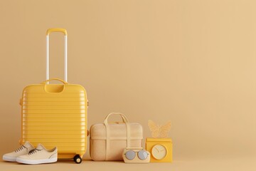 Obraz premium A yellow suitcase sits on a tan background with a clock and a pair of shoes