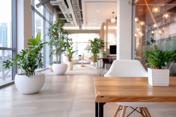 Naklejka premium A large open room with a wooden table and a white chair