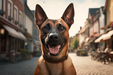 Obraz premium Portrait of a happy belgian malinois dog on charming small town main street
