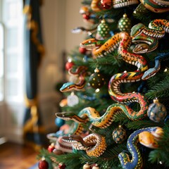 Fototapeta premium Christmas tree decorated with toy snakes. New Year is the year of the snake. Idea for Christmas tree decoration. New Year card or banner.