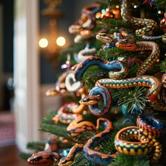Fototapeta premium Christmas tree decorated with toy snakes. New Year is the year of the snake. Idea for Christmas tree decoration. New Year card or banner.