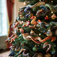 Fototapeta premium Christmas tree decorated with toy snakes. New Year is the year of the snake. Idea for Christmas tree decoration. New Year card or banner.