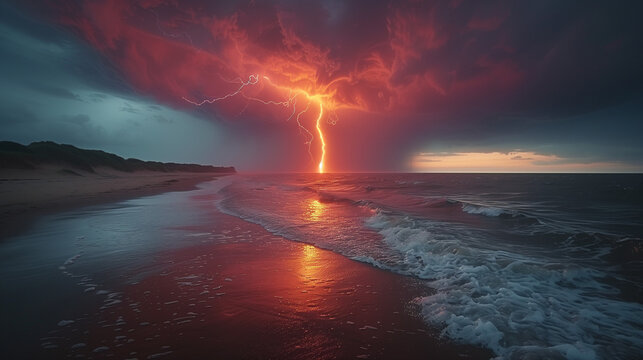 A dramatic seascape with a lightning bolt striking the ocean under a stormy, red-tinted sky. The beach is deserted, and the waves are gently crashing onto the shore.