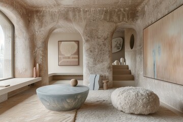 Modern minimalist living room with textured walls and contemporary decor