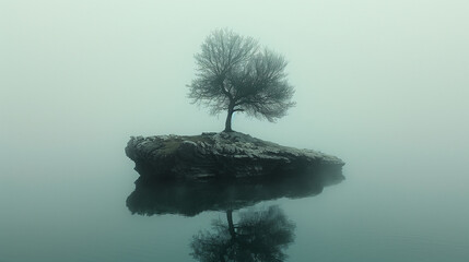 A solitary tree stands on a small rocky island surrounded by calm, foggy water. The scene is serene and mysterious, with the tree's reflection visible in the still water.