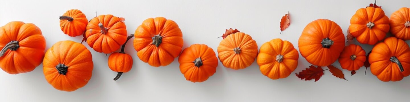 Orange pumpkins of different sizes on a white background. Autumn card or banner. Place for text.