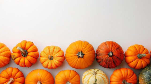 Orange pumpkins of different sizes on a white background. Autumn card or banner. Place for text.