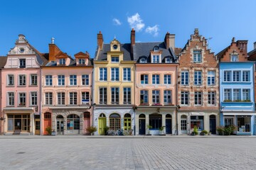 Fototapeta premium A row of colorful buildings with a cobblestone street in front