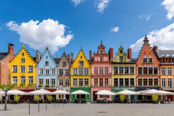 Obraz premium A row of colorful buildings with white umbrellas on the sidewalk