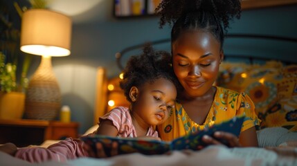 A Mother Reading To Her Daughter In Bed At Night, High Quality, HD