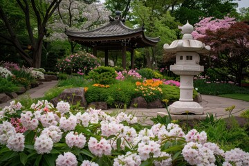 A garden with a white lantern and pink flowers