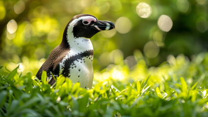 Fototapeta premium A penguin standing in the grass with sunlight creating a beautiful bokeh effect in the background, highlighting its distinctive black and white markings.