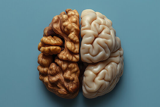 A surreal brain composition with one half made of human brain tissue and the other resembling a walnut. Conceptual representation of intelligence and nature’s design.