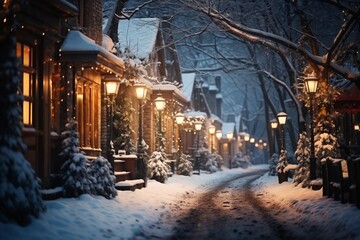 a city street on a winter night, snow covered houses and trees, the light of lanterns, facades of houses decorated for Christmas or New Year, festive environment