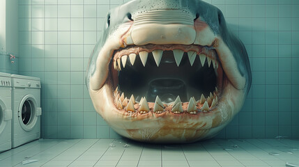 A great white sharks head breaks through a bathroom wall with open jaws, revealing rows of sharp teeth. A surreal scene with a washing machine and broken glass nearby