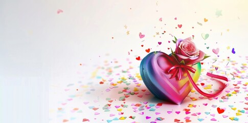 Fototapeta premium 3D heart gift box with ribbon and rose, rainbow colors, on a white background