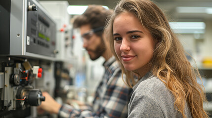 Fototapeta premium A young woman with long blonde hair looks directly at the camera, her face conveying focus and determination, while a man works on machinery in the background