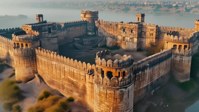 AI gegerated video Panoramic drone shot of the ancient Rohtas Fort with its massive walls
