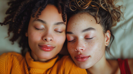 Obraz premium Two young women with curly hair are sleeping peacefully. They are lying next to each other, with their heads resting on the same pillow
