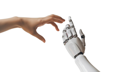 Robot and human hand on white background
