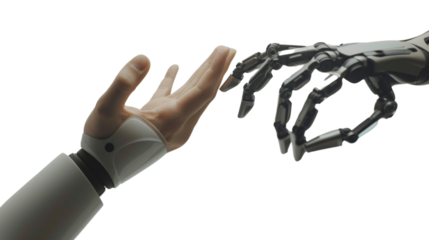 Robot and human hand on white background
