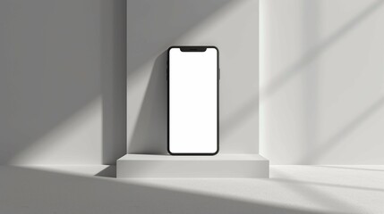 A smartphone with blank screen in front of a white wall. Generative AI