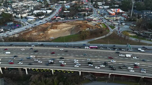 Interstate Highway 285 With Vehicles Driving In Atlanta City, Georgia. aerial shot