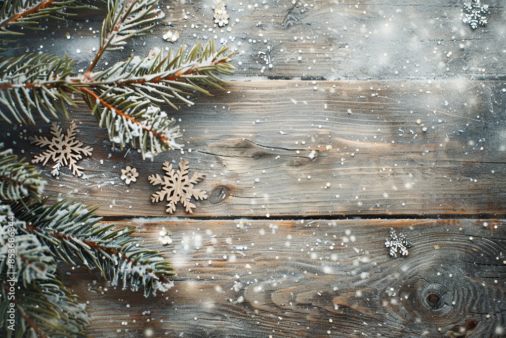 Sticker festive winter scene with an evergreen branch adorned with snowflakes against a rustic wooden background.