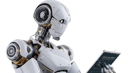 The robot is holding a tablet