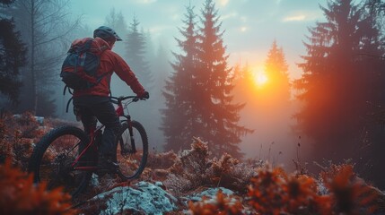 Naklejka premium A cyclist with a red jacket and helmet stands next to a mountain bike watching a sunrise in a foggy forest setting