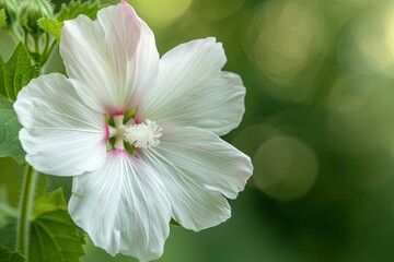 White mallow flower with pink center, green background