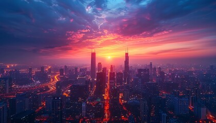 Fototapeta premium Futuristic digital cityscape with towering skyscrapers and illuminated highways