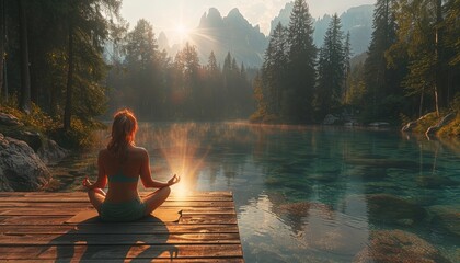 Woman Practicing Yoga on Wooden Platform by Peaceful Lake in Dense Forest with Sunrays and Mist-Covered Mountains