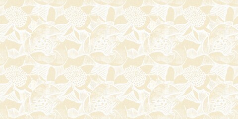 Modern white on cream lace effect wedding border texture. Soft tonal linen openwork block print with subtle hand drawn lattice damask printed fabric banner edge trim. 