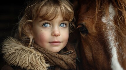 An adorable young girl poses with a gentle horse in a stable, showcasing a touching connection between them