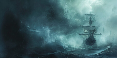 Fototapeta premium Stormy Sea with Sailing Ship, Dramatic Ocean Scene | Ship Battling Storm, Epic Maritime Adventure 