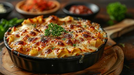 Overhead shot of scrumptious lasagna topped with herbs and melted cheese, ready to be served
