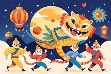 Naklejka premium tiger and lion in chinese traditional chinese costumes and tiger, vector cartoon characters, illustration, happy new year, chinese new year and chinese zodiac symbol