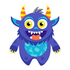 Funny cartoon Monster with a cute smile, fangs and horns isolated on a white background. Vector character blue monster or alien for children's products, printing on T-shirts, fabric, books, etc 