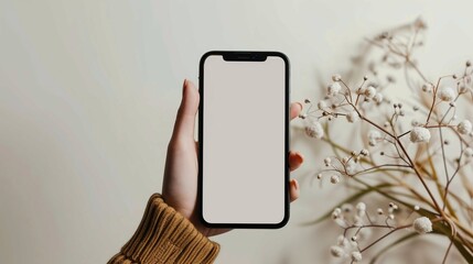 Handheld Smartphone with Blank Display Surrounded by White Florals, Perfect for App Mockups. Generative AI