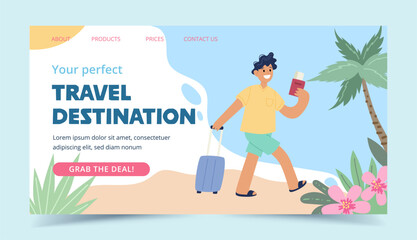 Summer vacation tickets landing page. Happy man with plane tickets and a luggage trolley, vector illustration