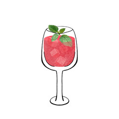 A glass with watermelon cubes, pink juice and mint. Watercolor, ink art isolated on white background, hand drawn for food design. Great for juice, smoothie, menu, organic food, logo decor and design