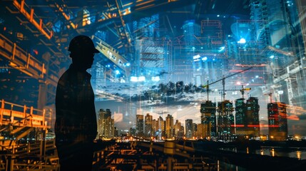 Photos of two civil engineers were revealed at the construction site. with building designers working and meeting at night on construction site banners