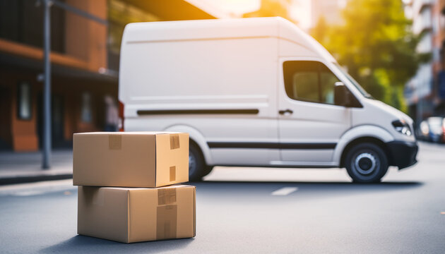 Carga de cami&oacute;n de reparto con cajas de cart&oacute;n.
Pedidos en l&iacute;nea, compras, productos de comercio electr&oacute;nico, mercanc&iacute;as