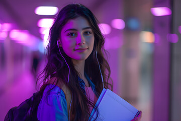 Obraz premium Young woman carrying her notes to attend a night university class. Concept: studies 
