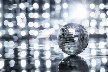 Shiny disco ball reflects vibrant lights, adding glamour and sparkle to dance parties. Its vintage vibe evokes fun and celebration, perfect for festive events
