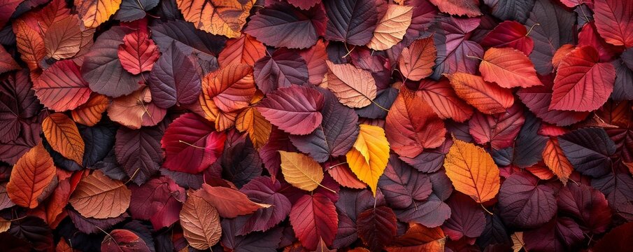 A beautiful pile of colorful autumn leaves arranged artistically in rich, warm tones