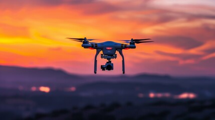 Photo of a drone flight at sunset Close-up of an outdoor quadrocopter