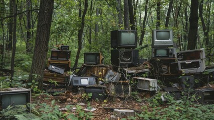 A forest area littered with discarded electronics and appliances